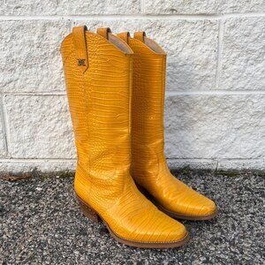 Sam Edelman Oakland Yellow Crocodile Embossed Leather Cowboy Boots Size 9
